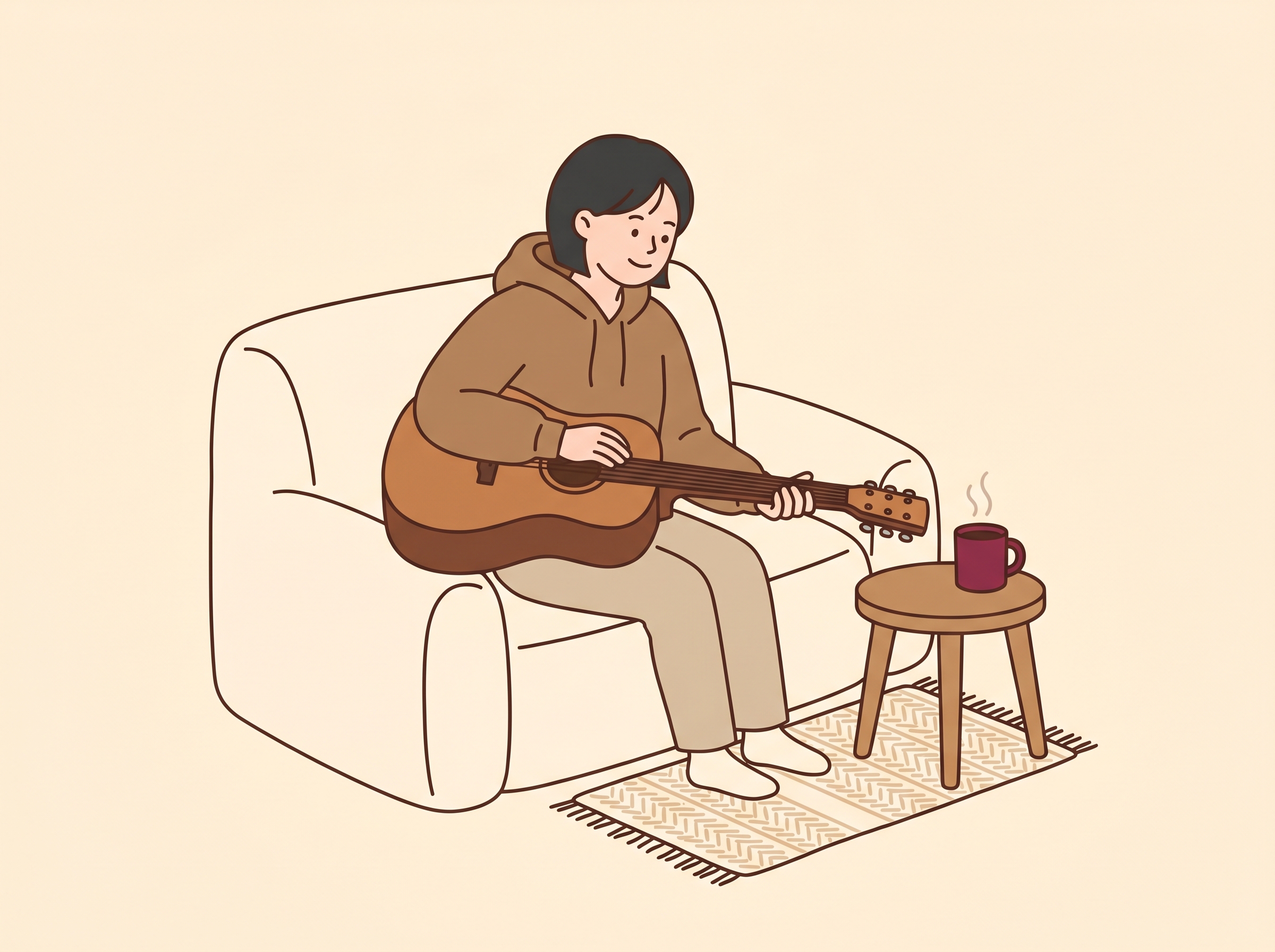 仕事帰りに自宅でギターを手に取りリラックスしている様子