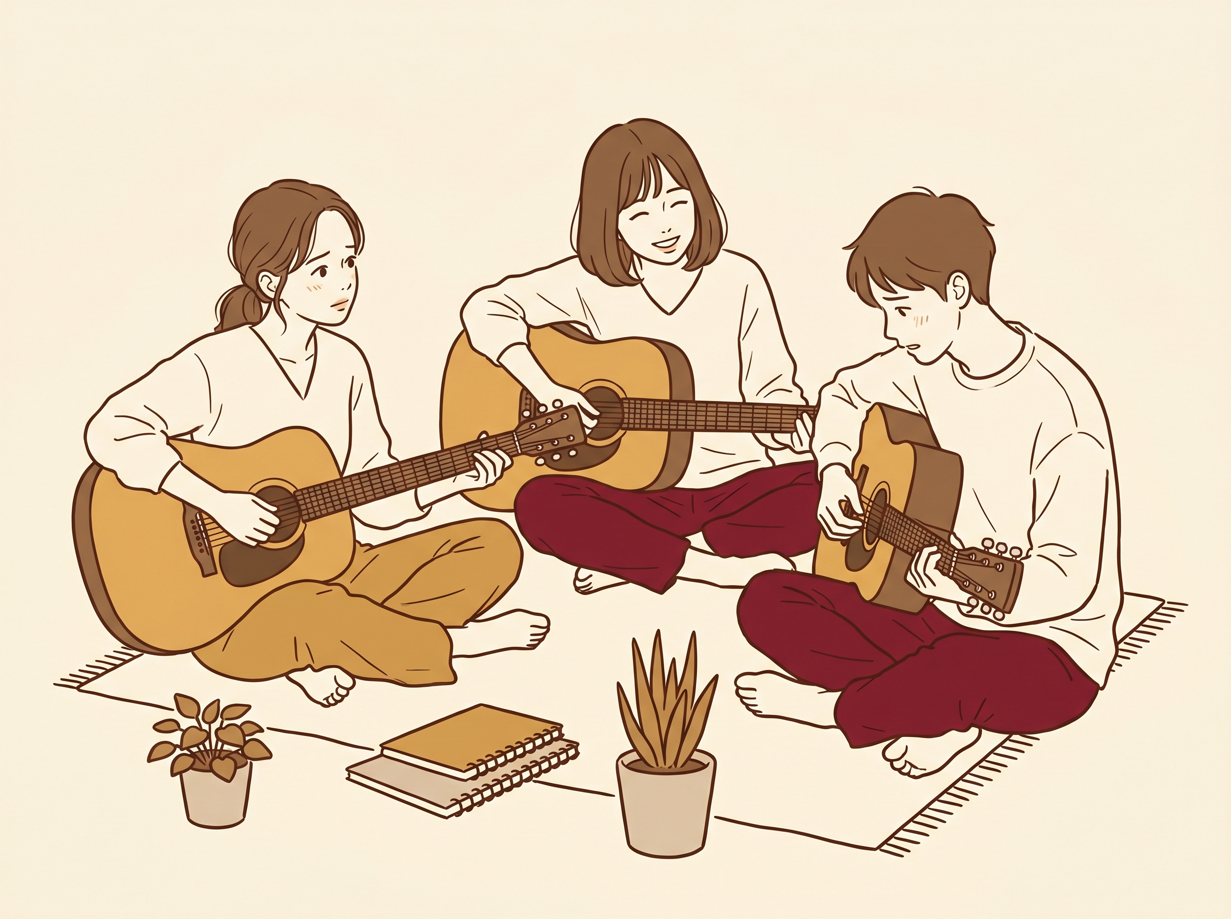 初心者の生徒がギターを楽しんでいる様子